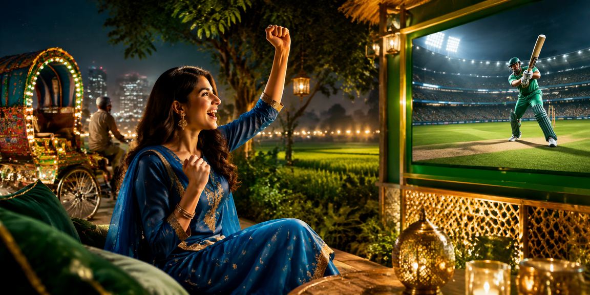 ঢাকায় সালোয়ার কামিজ পরিহিত একজন বাংলাদেশি নারী মোবাইলে ক্রিকেট বেটিং উপভোগ করছেন